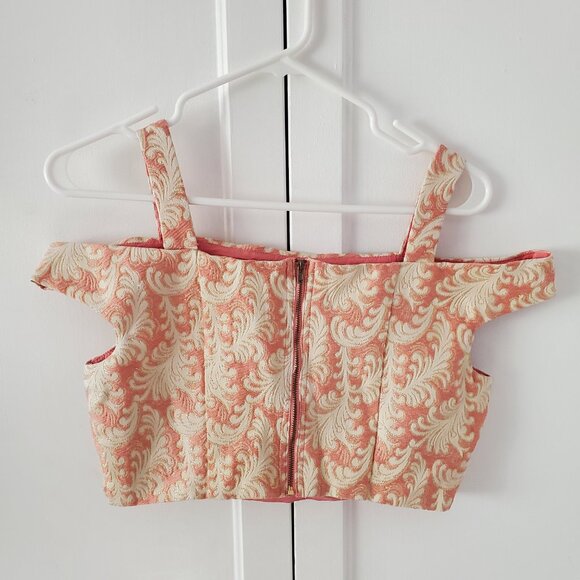 Women's Size Medium Pink And Gold Jacquard Rococco Style Crop Top - Picture 2 of 6